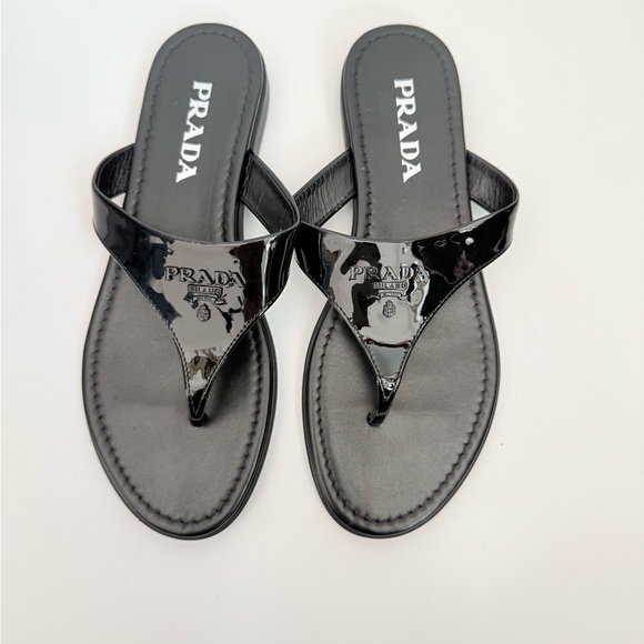 Prada Shoes - Prada Black Patent Leather logo embellished Flip flop thong flat sandals EU 39